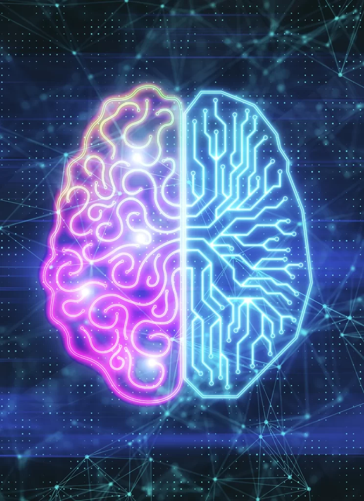 Graphic of a brain, digital, in pink and blue